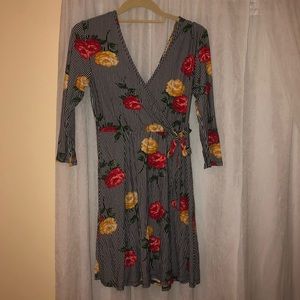 Striped and floral faux wrap dress